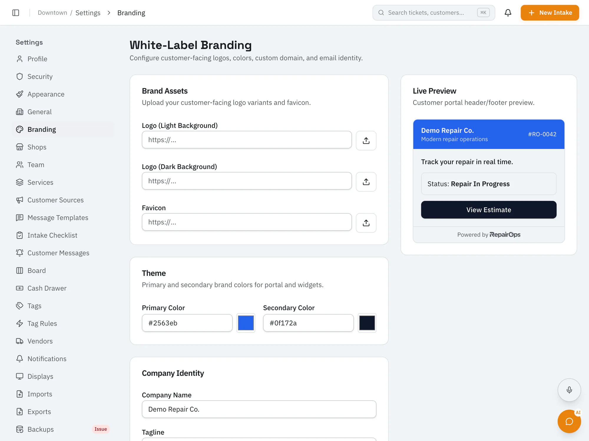RepairOps white-label branding settings with logo, colours, and a customer-facing preview.
