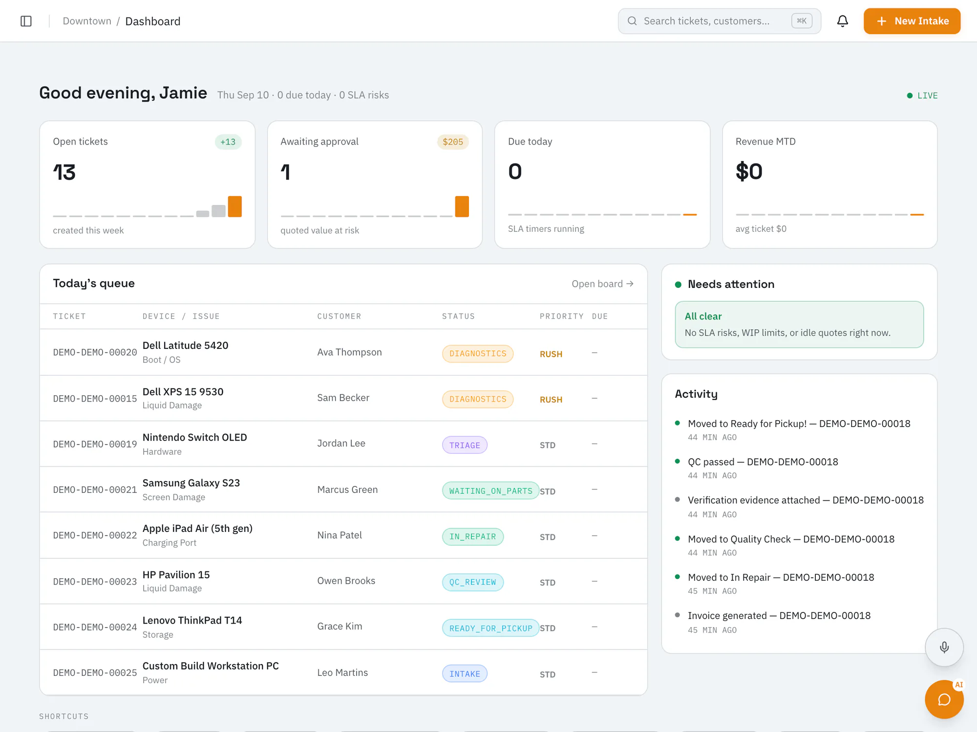 RepairOps dashboard with open tickets, quotes awaiting approval, today's queue, and recent shop activity.