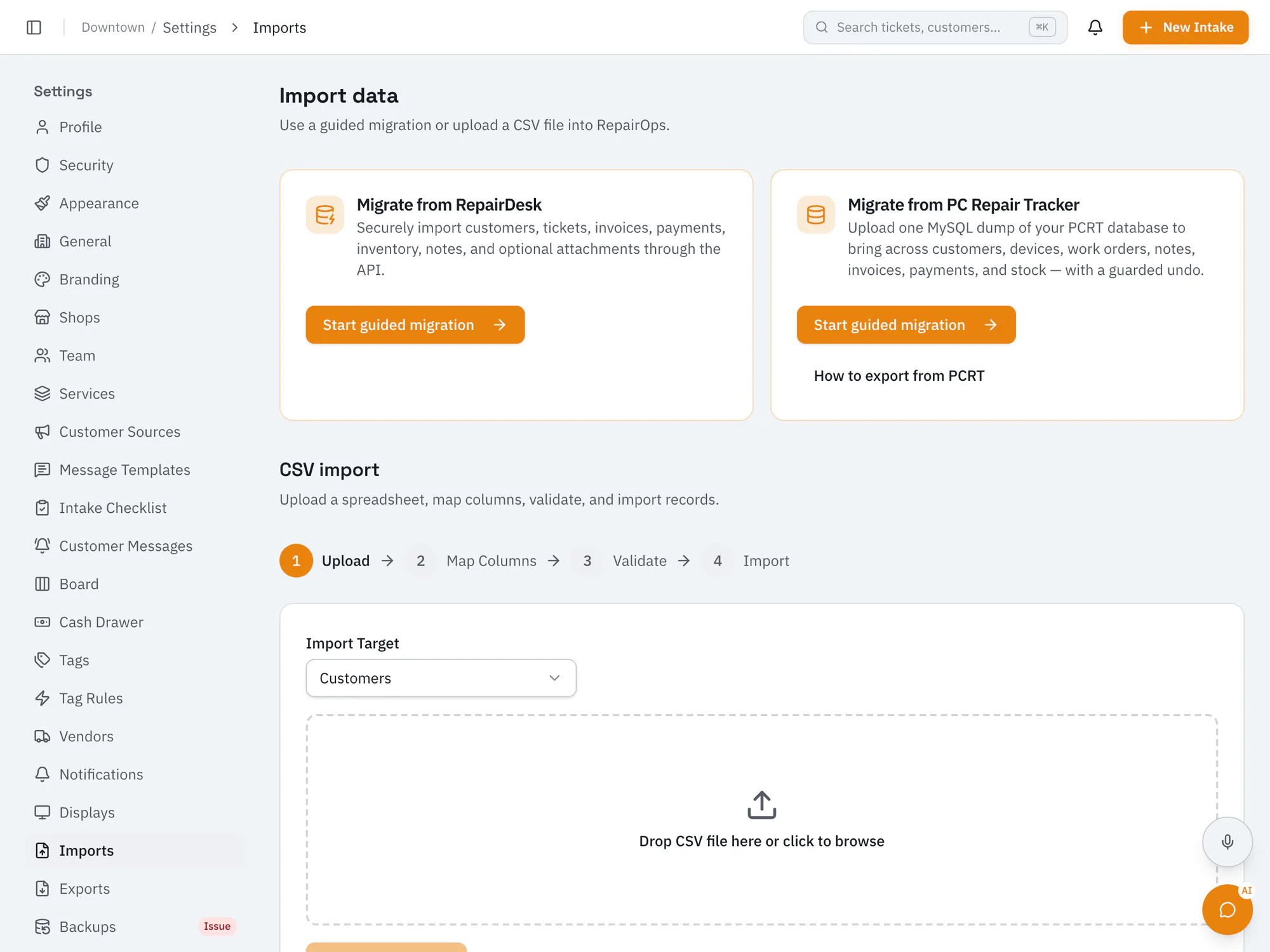 RepairOps import screen with PC Repair Tracker and RepairDesk migrations and CSV import.