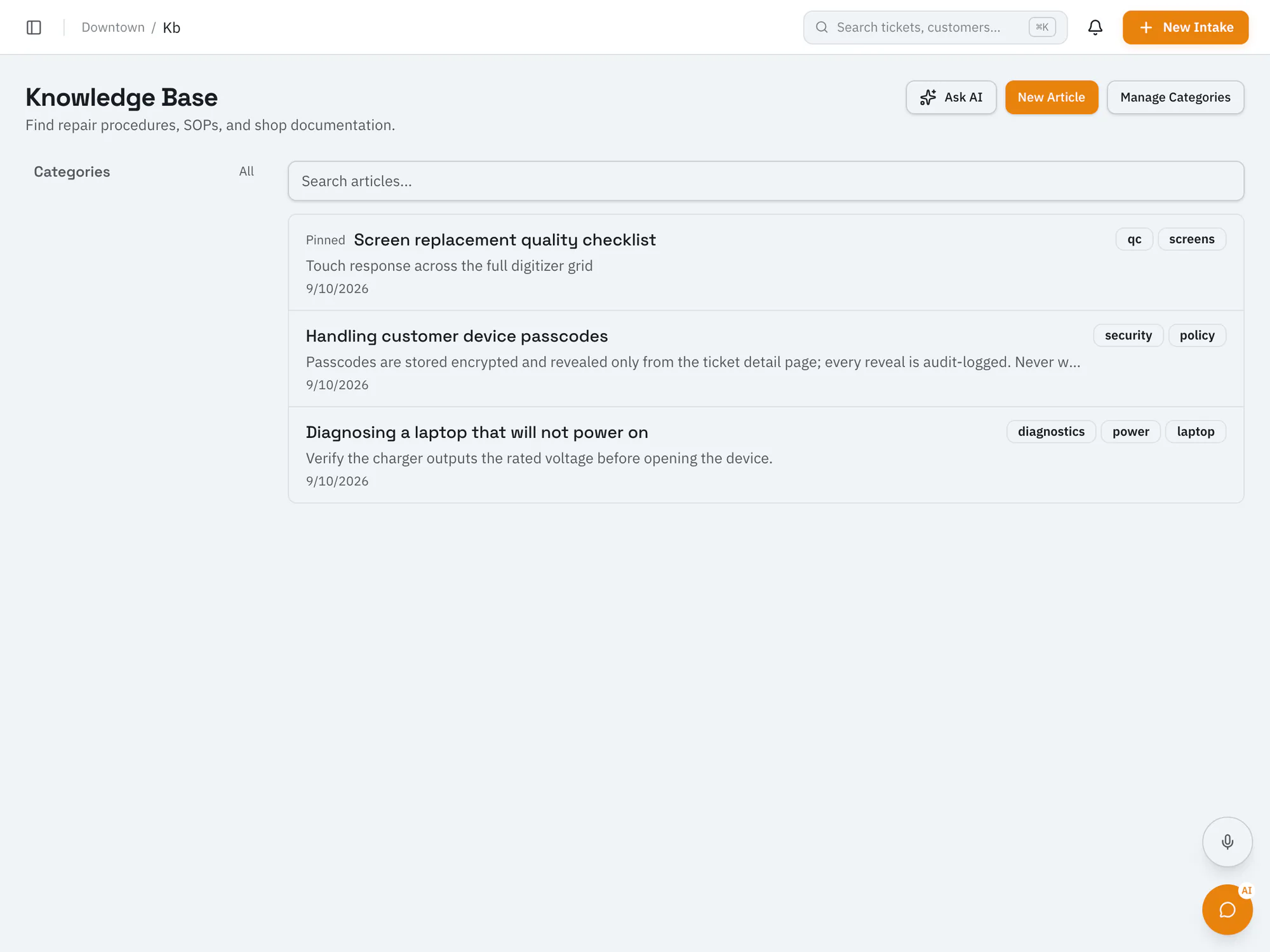 RepairOps knowledge base with shop articles on screen replacement QC, customer device passcodes, and laptops that won't power on.