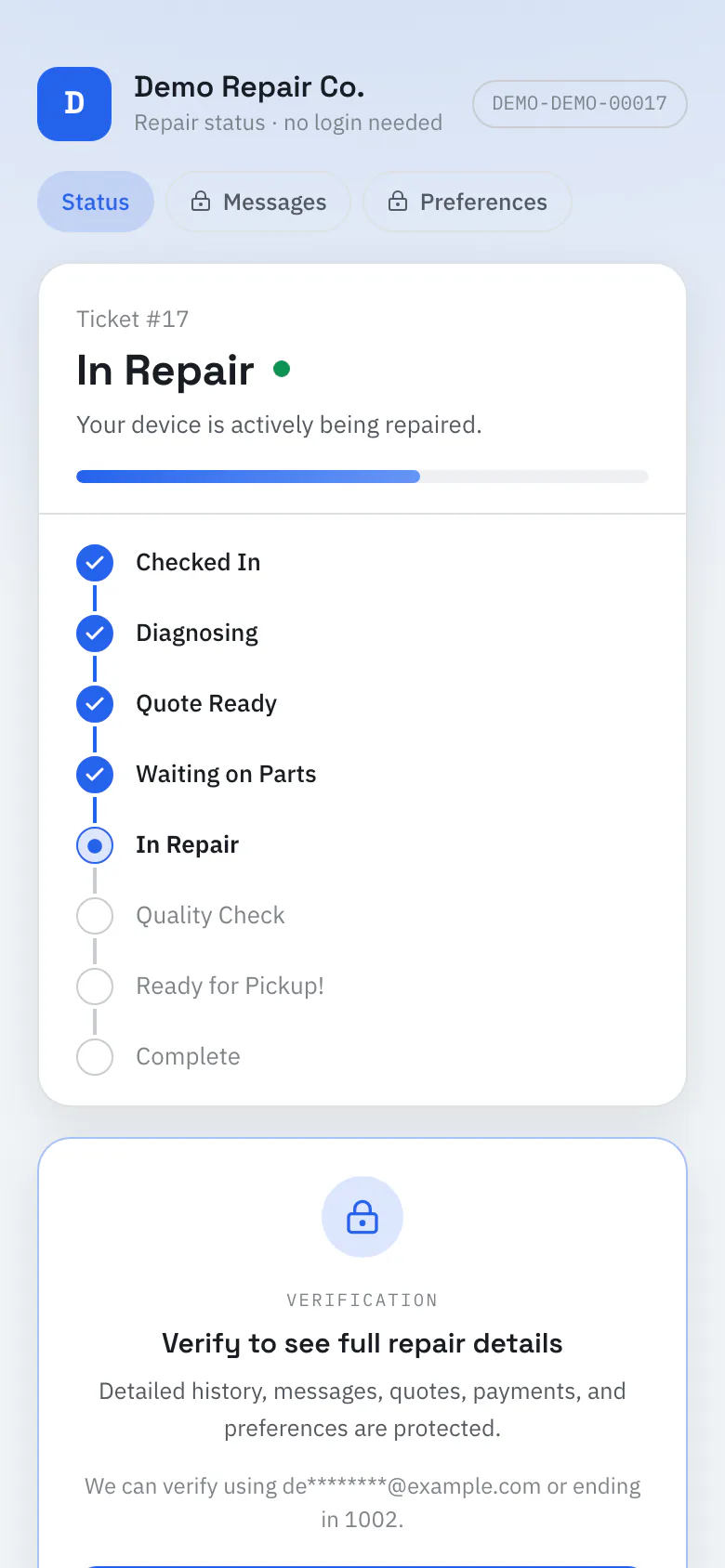RepairOps customer portal on a phone showing a repair in progress with its status steps.