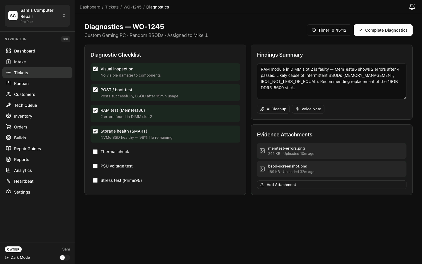 Diagnostics screen