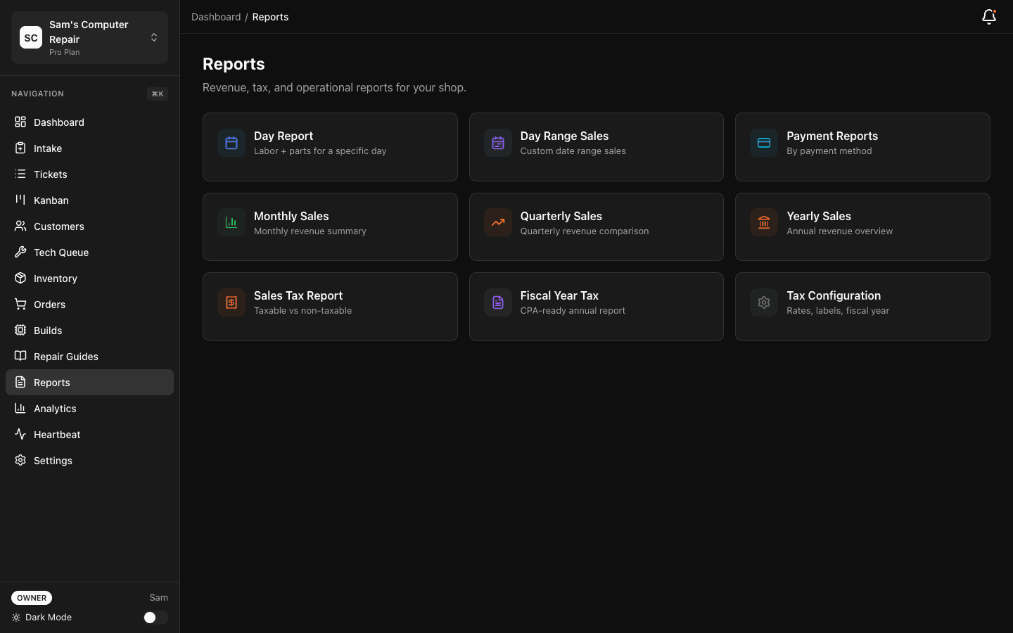 Reports screen