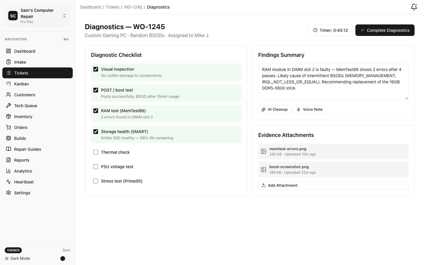 Diagnostics screen