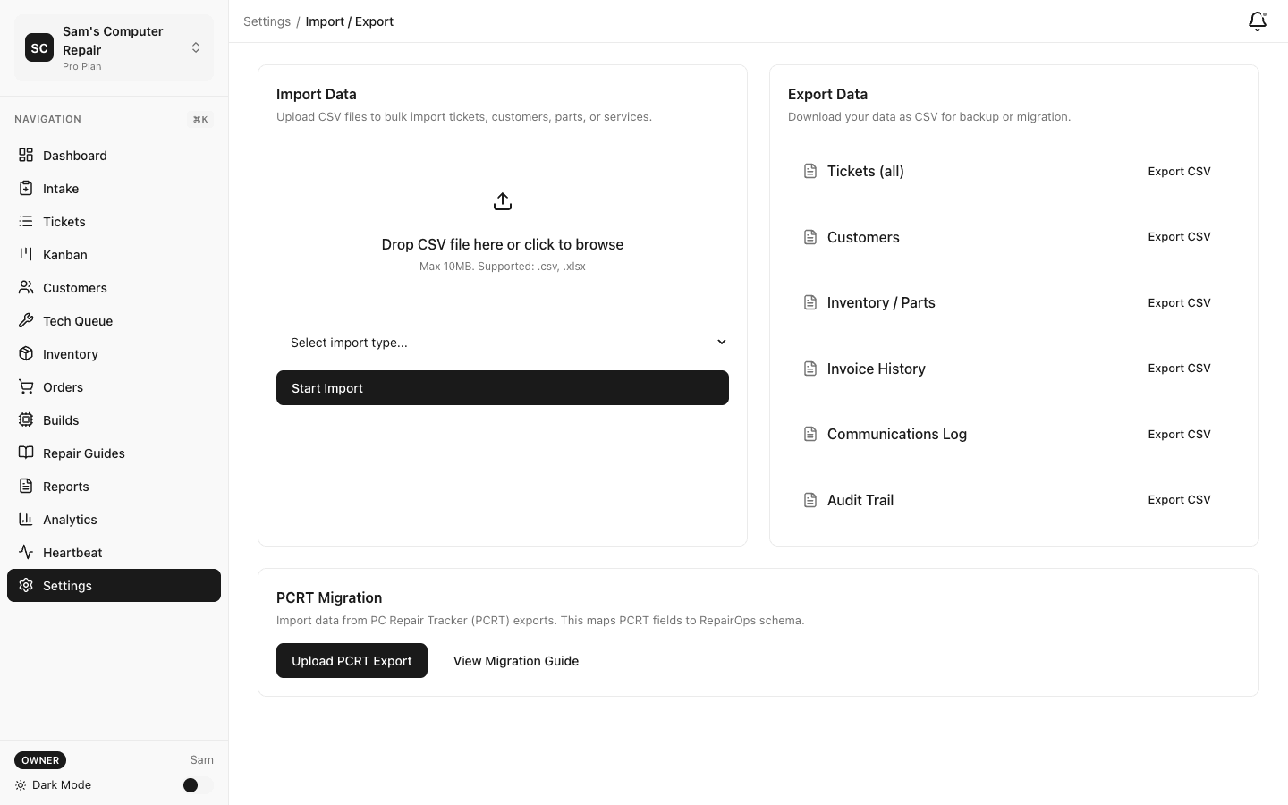 RepairOps Business multi-location export and reporting