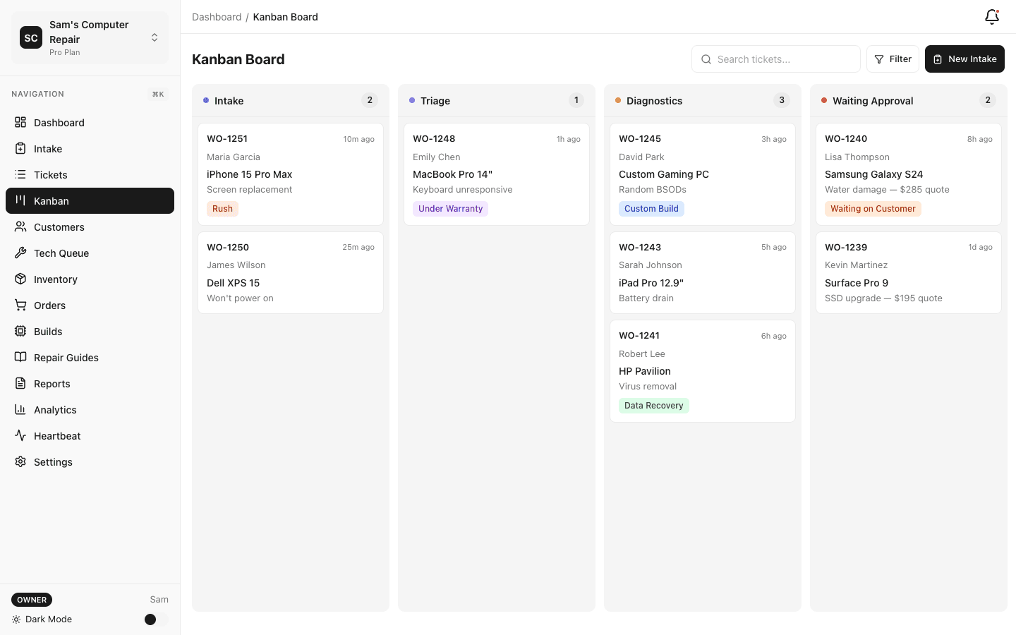 Drag-and-drop Kanban board for tracking repairs