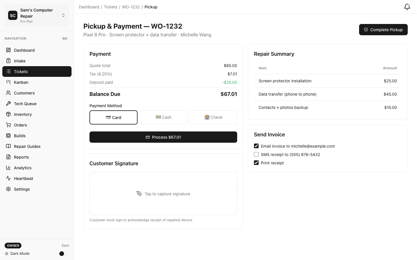 Customer pickup and device handoff screen
