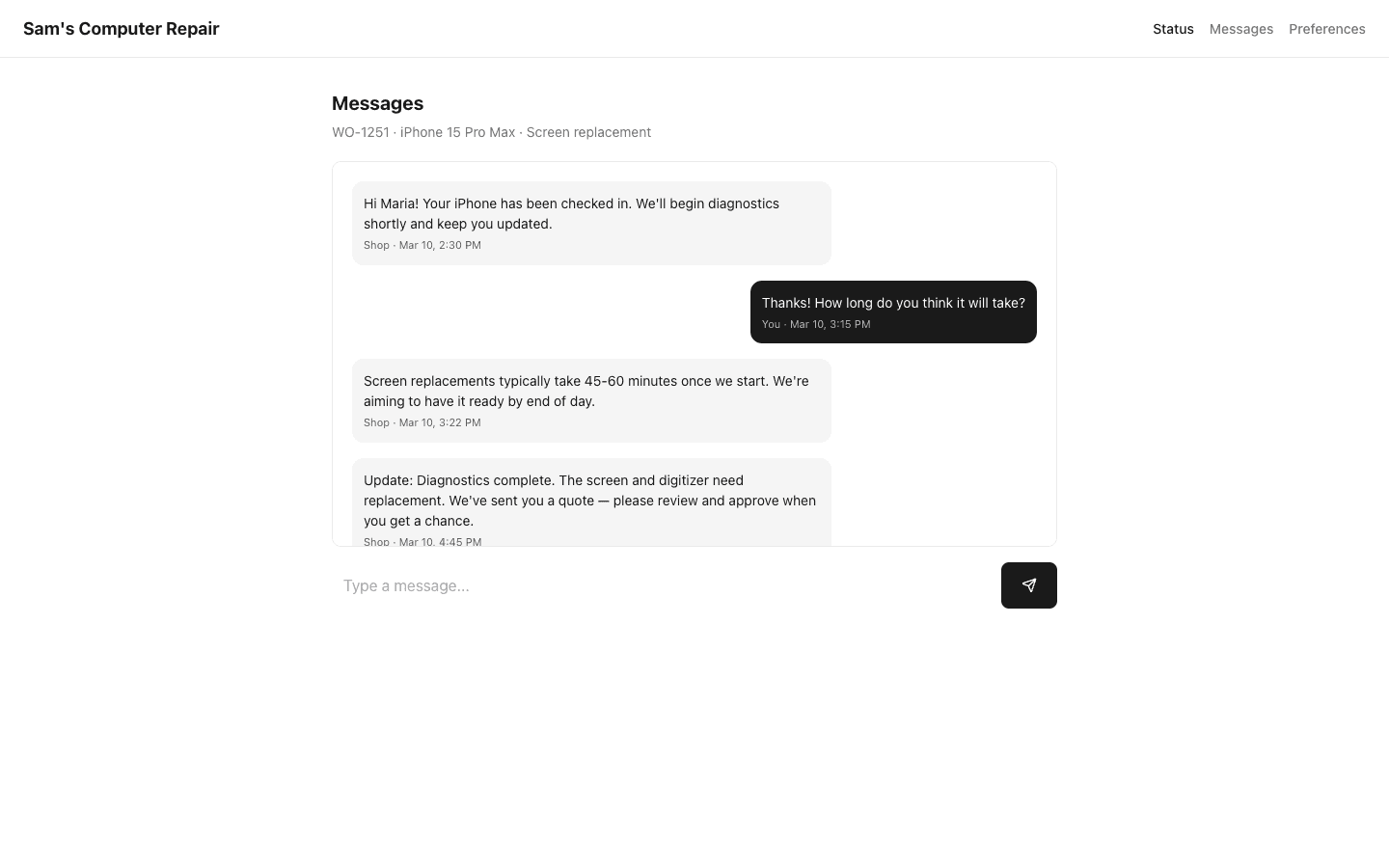 Customer messaging interface