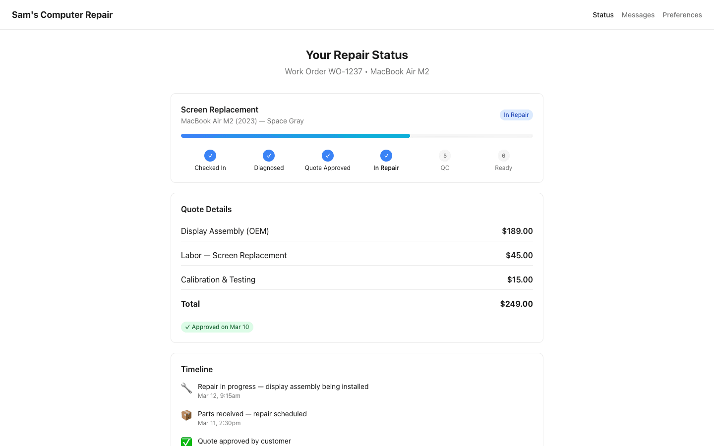 Customer self-service portal for tracking repair status