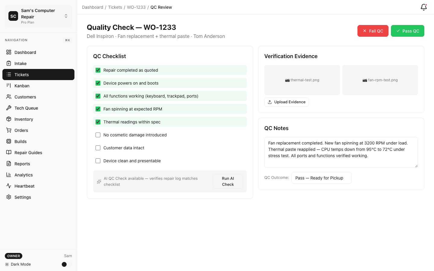 Quality Control screen