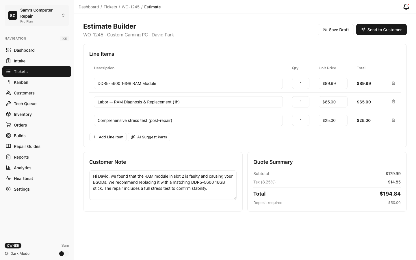 Professional quote builder with line items and tax