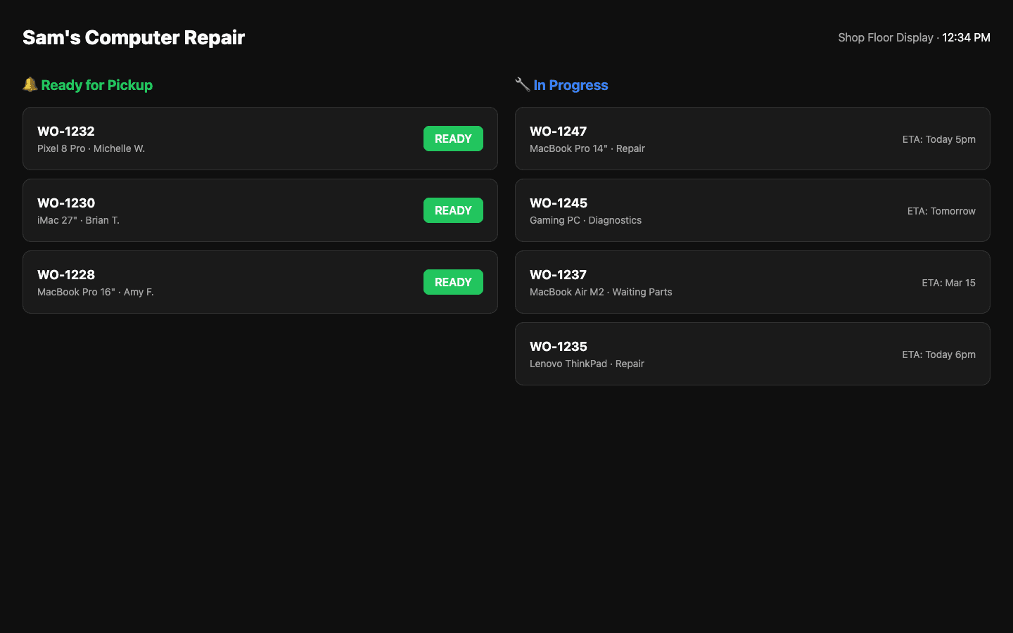 Shop floor display showing repair queue and status