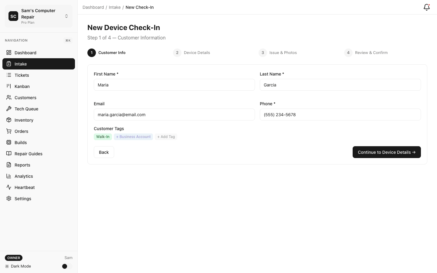 RepairOps complete repair workflow — intake, diagnostics, quoting, QC, and pickup